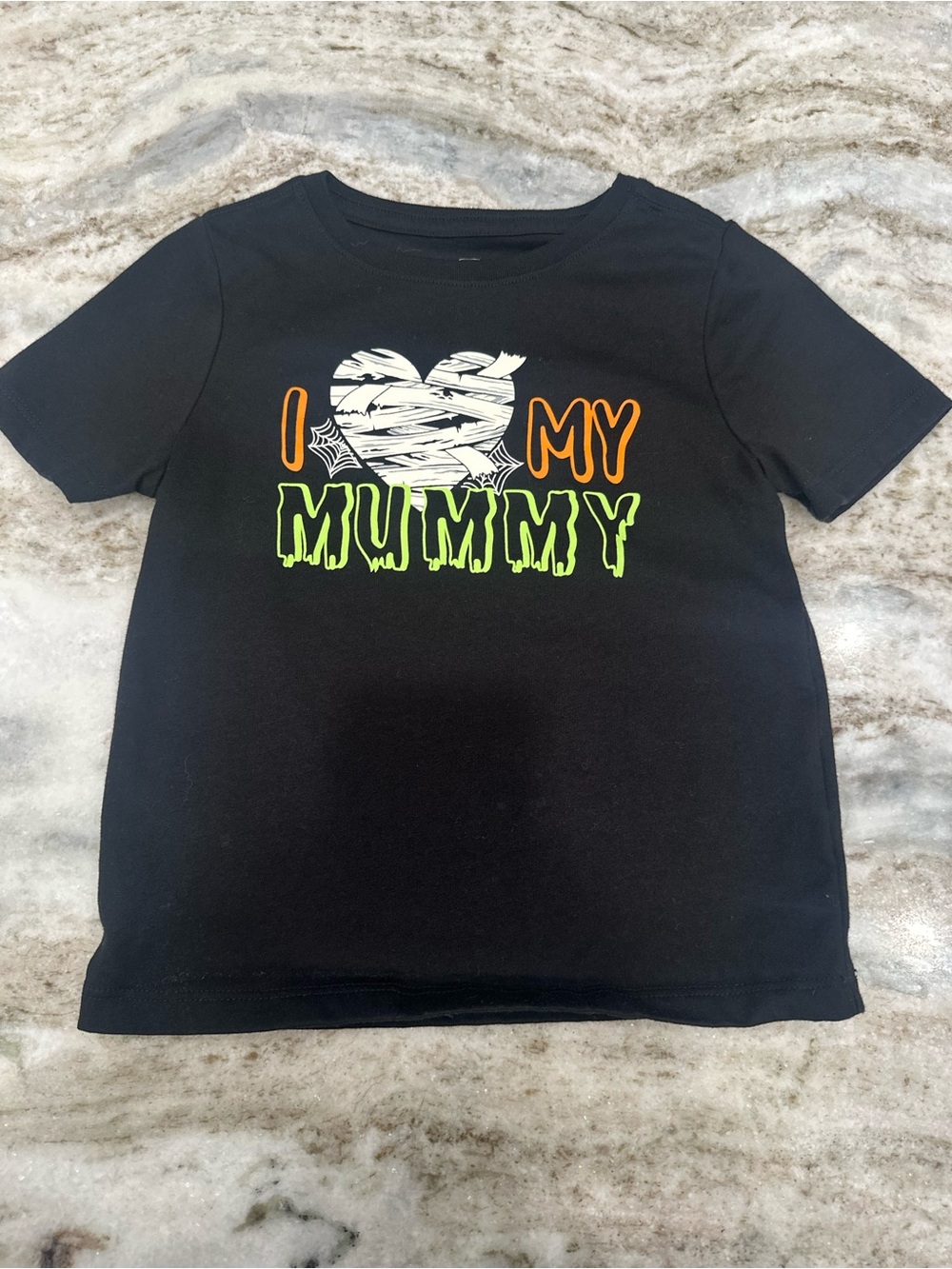 wonder nation Black Tee with Orange and Neon Green "I Mummy" Graphic